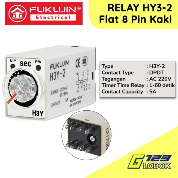 FUKUJIN Mini Timer Delay Relay H3Y-2 H3Y2 TDR 0-60S 60s 60 Detik 1min DPDT 220VAC 8 Pin Kaki Power Socket Soket Rilay