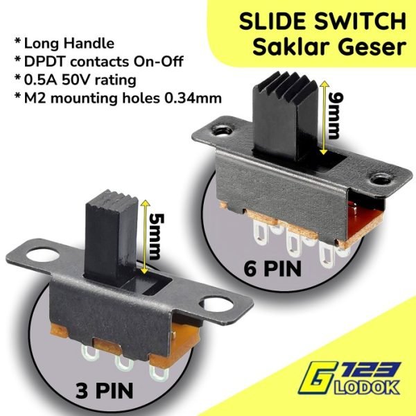 Switch Slide Saklar Geser ON OFF DPDT SPDT 2x3 Toggle Switch Micro Mini Tuas Panjang Pendek Terminal PCB 3 PIN 0.5A 50V 6 PIN 3A 250V 6A 125V Besar