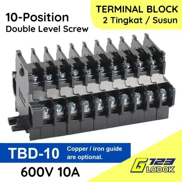 TBD-10 Terminal Blok Block Kabel Listrik Din Rail TBD 10 2 Tingkat 2 Susun 600V 10A 10P 10 Pole Double Level Screw