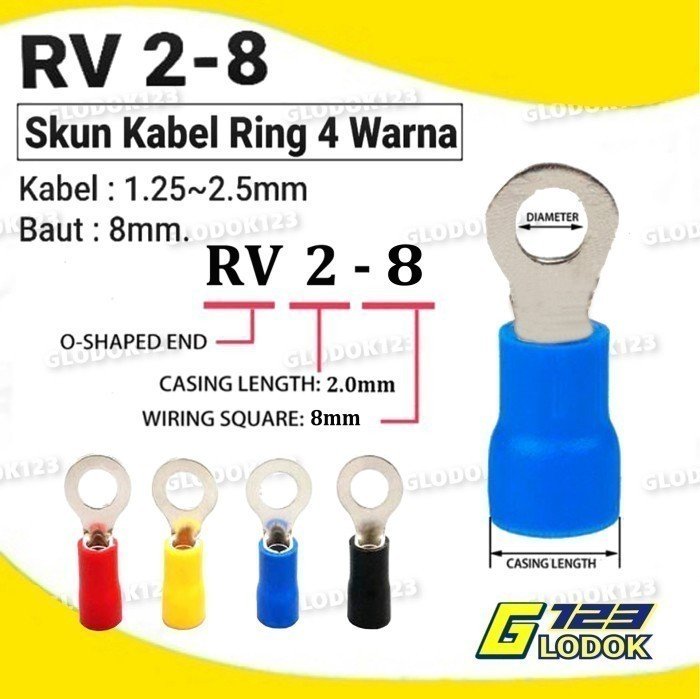 Terminal Kabel Sekun Cable Skun Ring O Bulat Cable Lug Isolasi RV 2-8-100PC