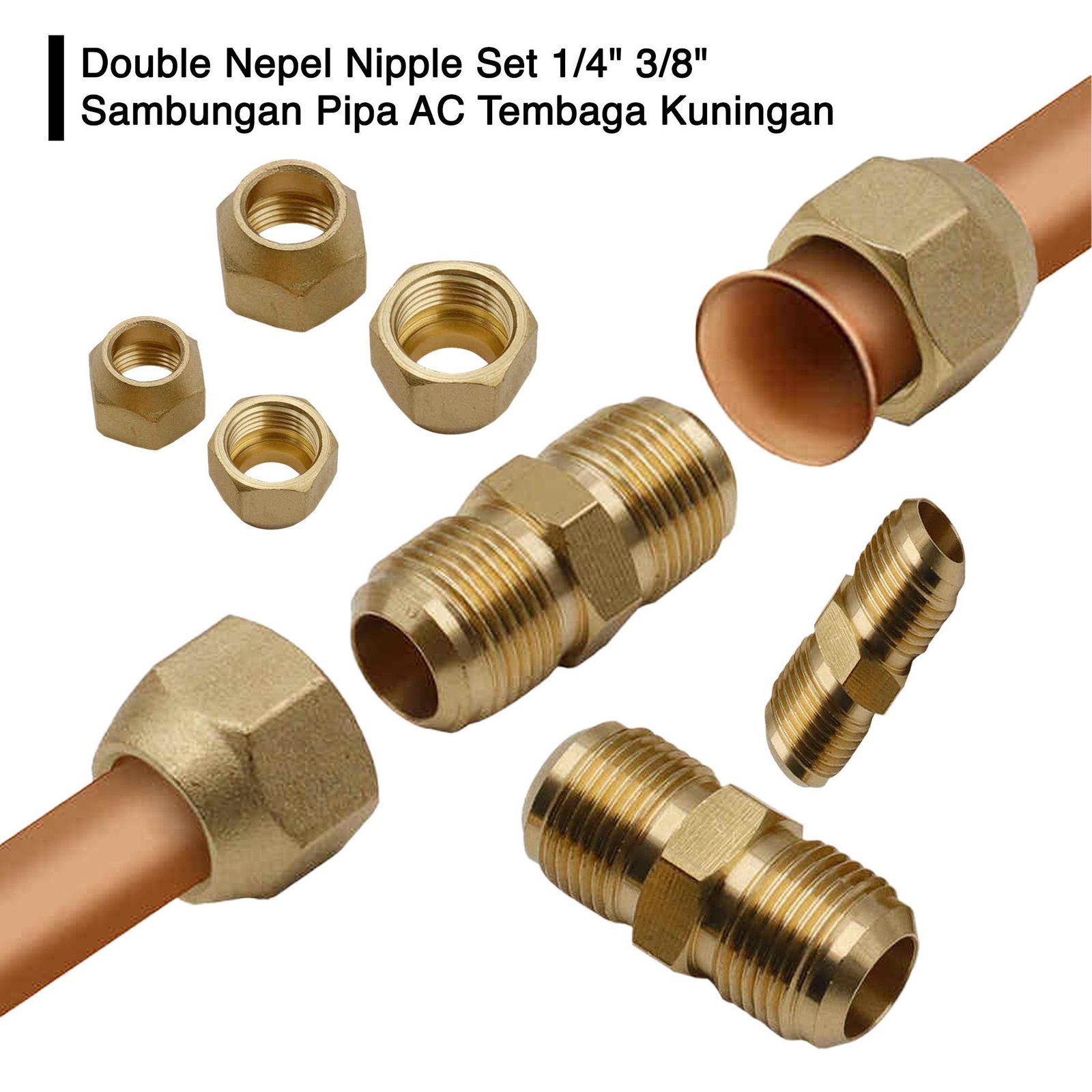 Double Nepel Nipple Set 1/4" 3/8" Sambungan Pipa AC Tembaga Kuningan