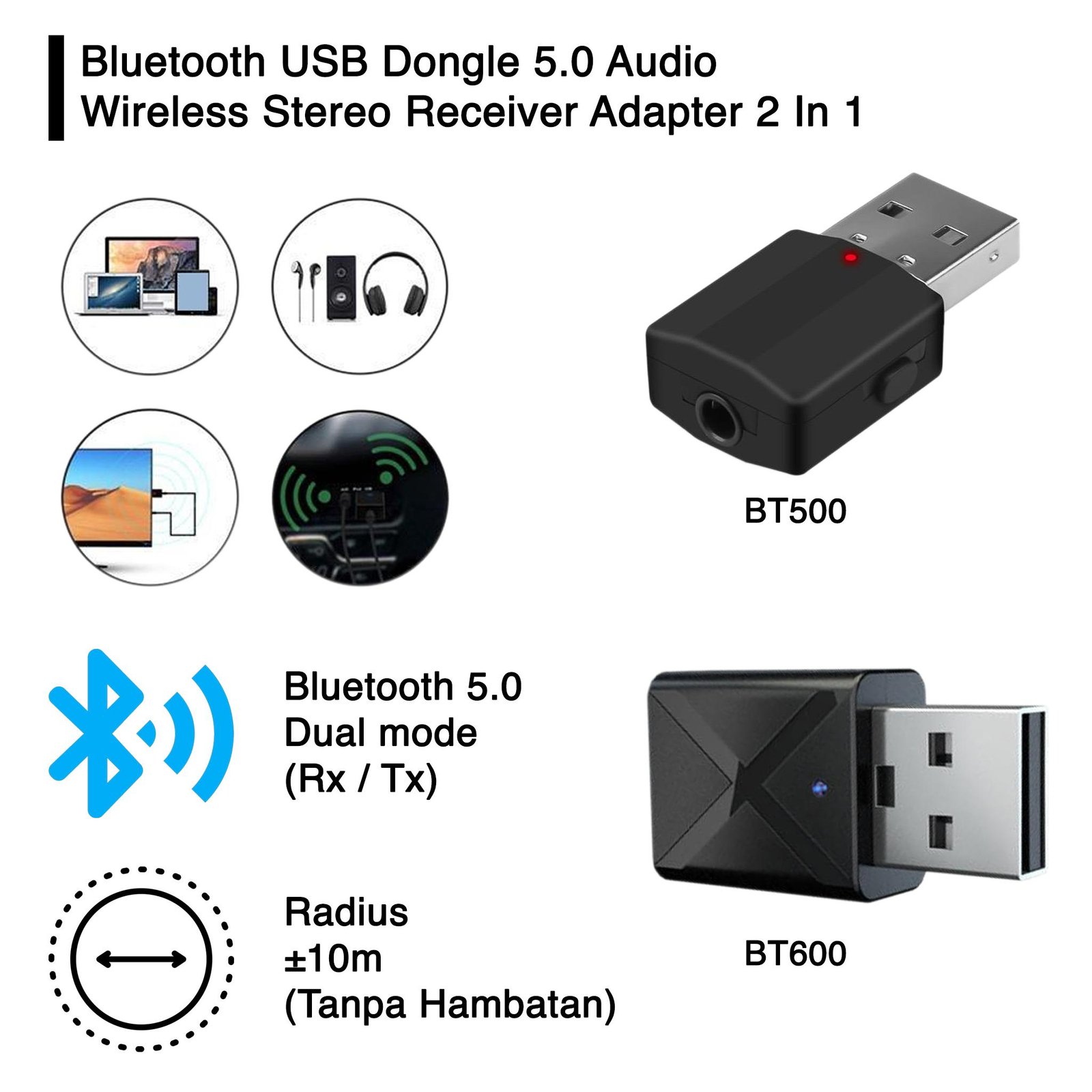 Bluetooth USB Dongle 5.0 Audio Wireless Stereo Receiver Adapter 2 In 1